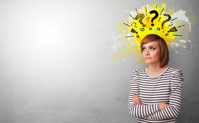 Business person looking for new idea with question marks 
