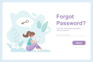 Girl with tablet pc and speech bubble with key,forgot password template banner