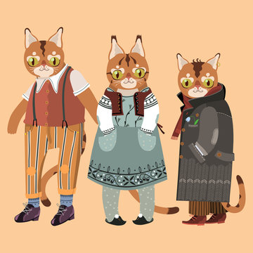 Three Cats Wearing Vintage Clothing