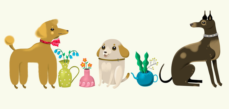 Three Dog Friends with Flowerpots