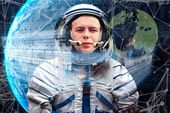 young astronaut in space suit using futuristic helmet with virtual interface b