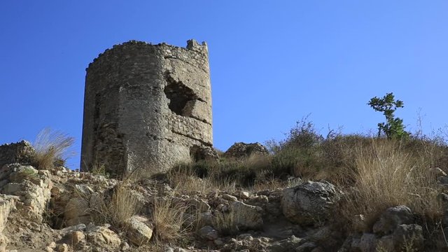 Cembalo Genoese fortress on the territory of Balaklava, a suburb of Sevastopol. Ancient architectural landmark on clear blue sky background. Crimea, Russia.