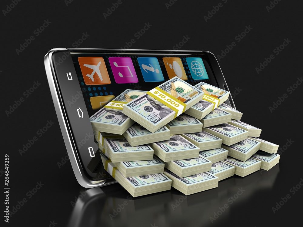 Poster touchscreen smartphone with pile of dollars. image with clipping path.