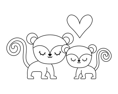 couple of cute monkey animal isolated icon