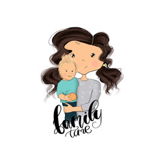 Brunette Hair Woman With Child Isolated On A White Background Family Time Hand Drawn Illustration
