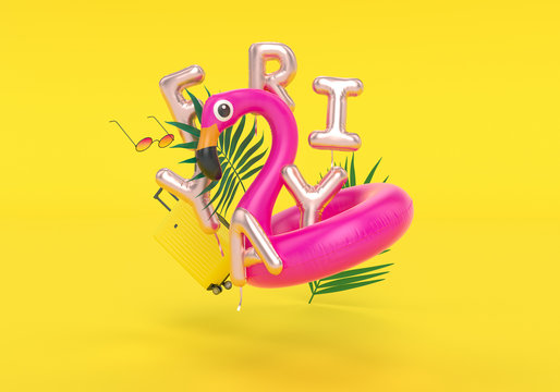 Summer Friday weekend holidays, travel concept, beach accessories, Friyay inflatable foil balloon letters and pink flamingo, 3d rendering - Powered by Adobe