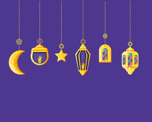 Fototapeta na wymiar Ramadan Kareem lamps and symbols hanging