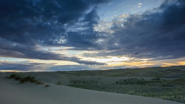 4K. Sunrise over the Sands Mongol Els, Mongolia. Ultra HD, 4096x2304