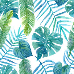 Fototapeta na wymiar Seamless watercolor pattern of tropical leaves