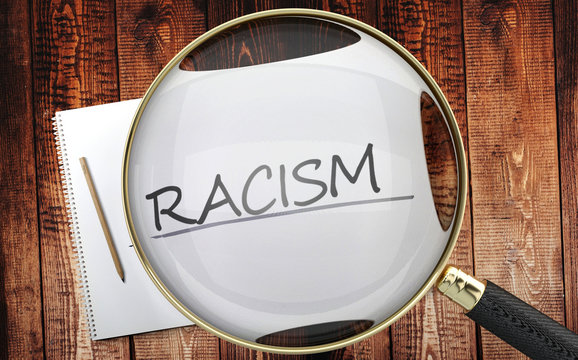 Study, learn and explore racism - pictured as a magnifying glass enlarging word racism, symbolizes analyzing, inspecting and researching the meaning of racism, 3d illustration