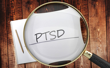Study, learn and explore ptsd - pictured as a magnifying glass enlarging word ptsd, symbolizes analyzing, inspecting and researching the meaning of ptsd, 3d illustration