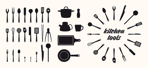 Vector isolated silhouette icon set kitchen utensils tools.