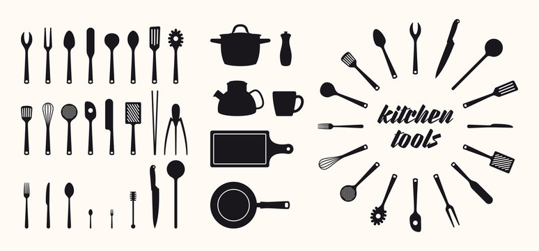 Vector isolated silhouette icon set kitchen utensils tools.