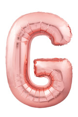 Rose gold letter G made of inflatable balloon isolated on white background. Helium balloon font