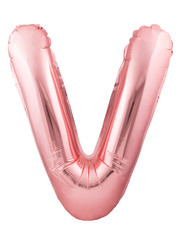 Rose gold letter V made of inflatable balloon isolated on white background. Helium balloon font