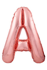 Rose gold letter A made of inflatable balloon isolated on white background. Helium balloon font