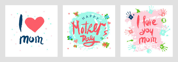 Card set with lettering I love mom, happy Mother's Day with decorative elements. Modern naive inscription for design, background, card, print, sticker, banner. Greeting card for Happy Mother's Day