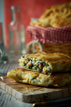 gozleme pies with leaks, herbs and sausage