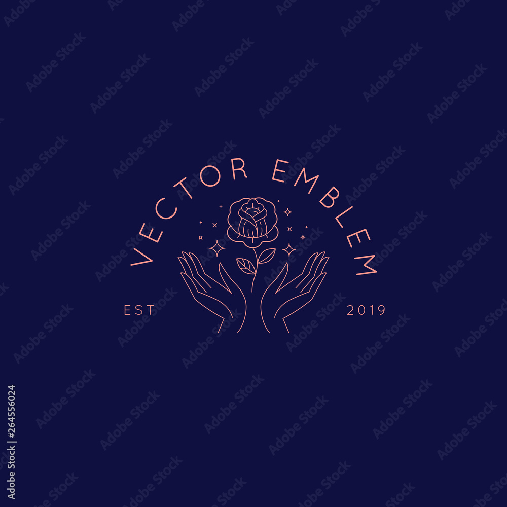Aufkleber Vector abstract logo design template in trendy linear minimal style - hands with rose - symbol for cosmetics, jewellery, beauty products