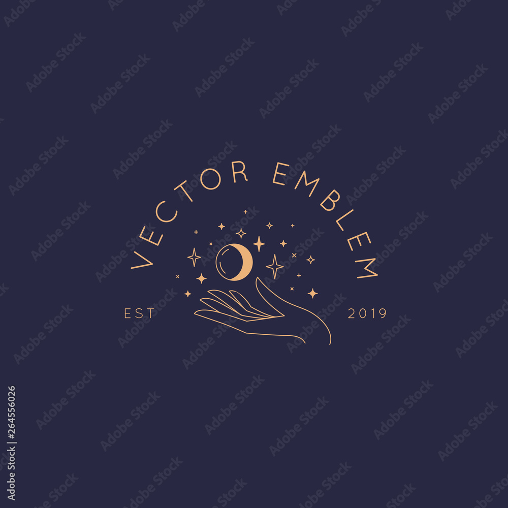 Poster Vector abstract logo design template in trendy linear minimal style - hand with moon and stars