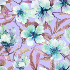 Beautiful peach tree twigs in bloom on blue background. Light green flowers and lilac leaves. Spring blossom. Seamless floral pattern. Watercolor painting. Hand drawn illustration. - 264556208