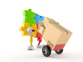 Jigsaw puzzle character with hand truck