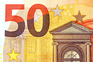 Fünfzig Euro Geldschein Detail mit Zahl, Währung Deutschland Europa