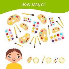 Naklejka premium Counting educational children game, math kids activity sheet. How many objects task. Vector illustration cute child. School objects.