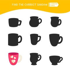 Educational  game for children. Find the right shadow. Kids activity with cartoon cup.