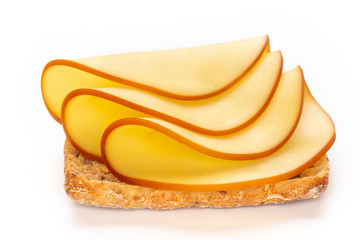 Sandwich with lettuce, cheese on white background.