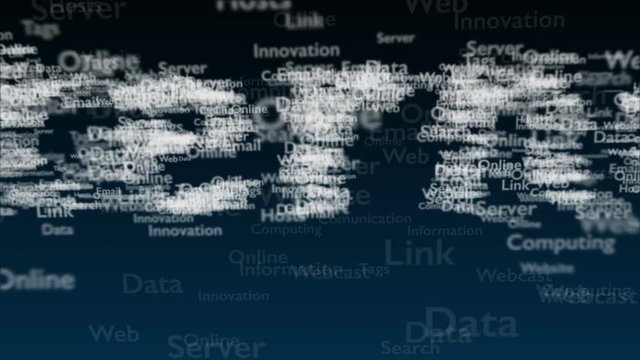 Deep blue background with different words, which deal with internet. Close up. Copy space. 3D. Animation.