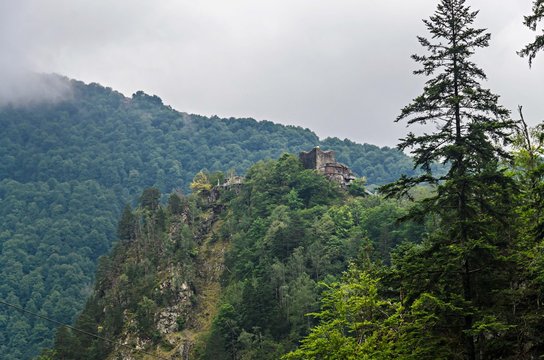 Poenari Castle, known as Poenari Citadel, green mountains.