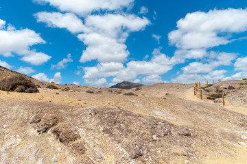 Panorama of beautiful beach and tropical sea of Lanzarote. Canaries
