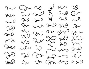 Set of hand drawn lettering and calligraphy swirls, squiggles. Vector ink swirl and swoop decorations for composition