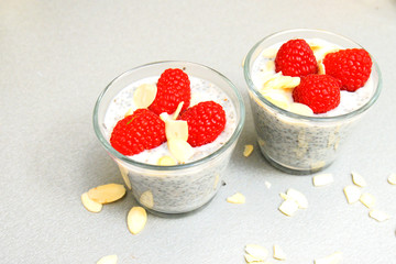 chia pudding with raspberries in a small glass bowl