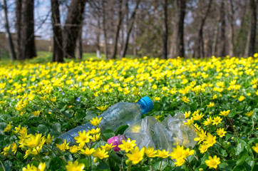 discarded plastic bottles and packaging in the grass of the park