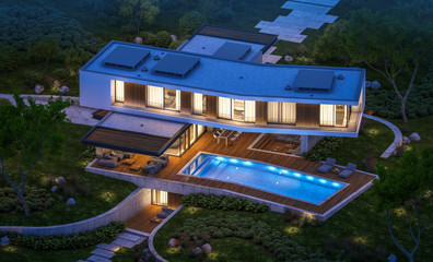 3d rendering of modern cozy house on the hill with garage and pool for sale or rent with beautiful landscaping on background. Clear summer night with many stars on the sky.