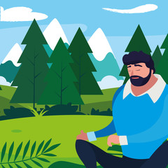 strong and bearded man seated in the field