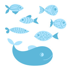 Funny fish vector characters. Colorful tropical set vector illustration. Sea animals collection isolated on white background
