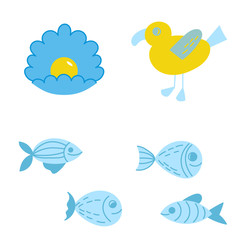 Funny fish vector characters. Colorful tropical set vector illustration. Sea animals collection isolated on white background