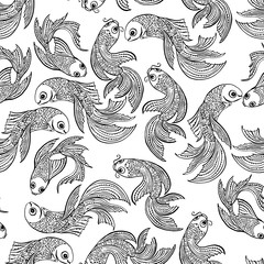 seamless pattern with beautiful fish. Vector embroidery for fashion textile and fabric