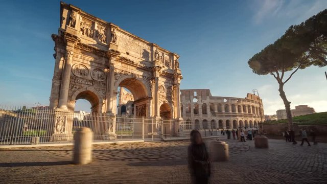 hyper lapse, Colosseum and Constantine arch at sunrise in Rome, Italy