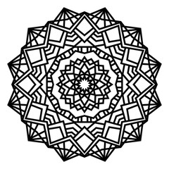 Geometric mandalas. Coloring book page. Zigzag ornament. Round element for design. Decorative ornament. Sketch for tattoo. Ethnic Fractal Mandala. Graphic element.