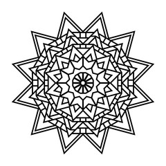 Geometric mandalas. Coloring book page. Zigzag ornament. Round element for design. Decorative ornament. Sketch for tattoo. Ethnic Fractal Mandala. Graphic element.