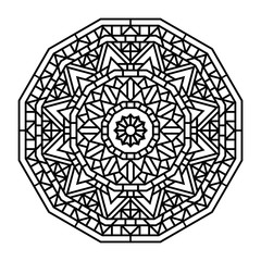 Geometric mandalas. Coloring book page. Zigzag ornament. Round element for design. Decorative ornament. Sketch for tattoo. Ethnic Fractal Mandala. Graphic element.