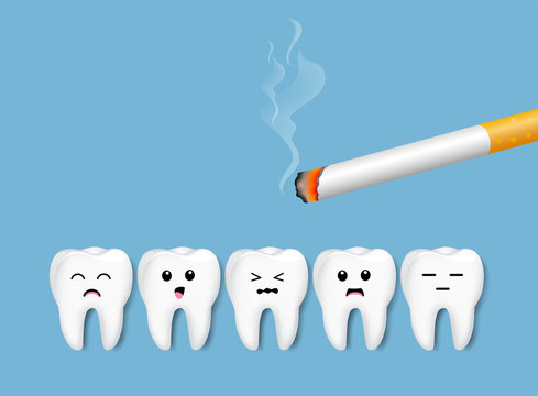 Teeth with cigarette. Smoking effect on human teeth. Dental care concept. Stop smoking, World No Tobacco Day. Illustration on blue background.