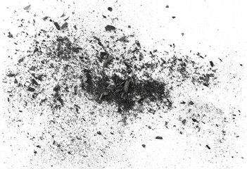 Black charcoal dust, gunpowder isolated on white background and texture, top view