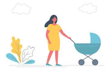 Young woman in yellow dress with a blue baby stroller. There is also plants and clouds in the picture. Funky flat style. Vector illustration.