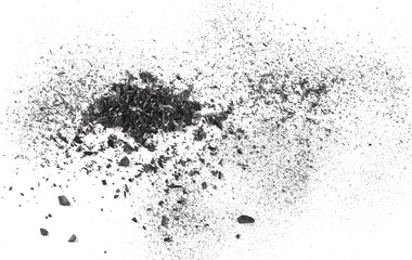 Fototapeta na wymiar Black charcoal dust, gunpowder isolated on white background and texture, top view