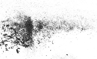 Black charcoal dust, gunpowder isolated on white background and texture, top view